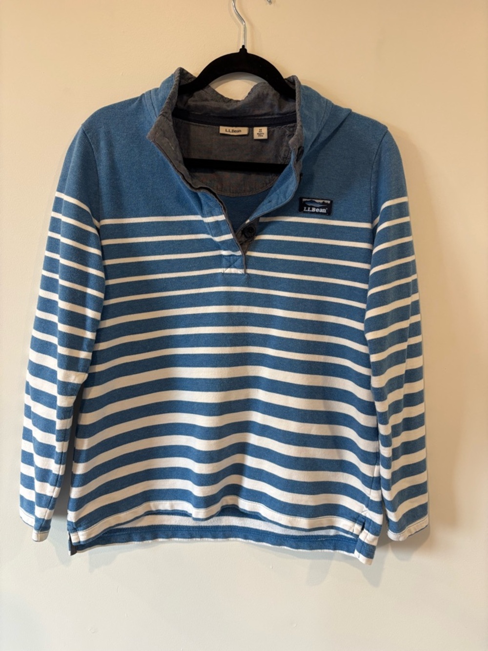 Women's L.L.Bean Light Blue and White Striped Henley Hoodie